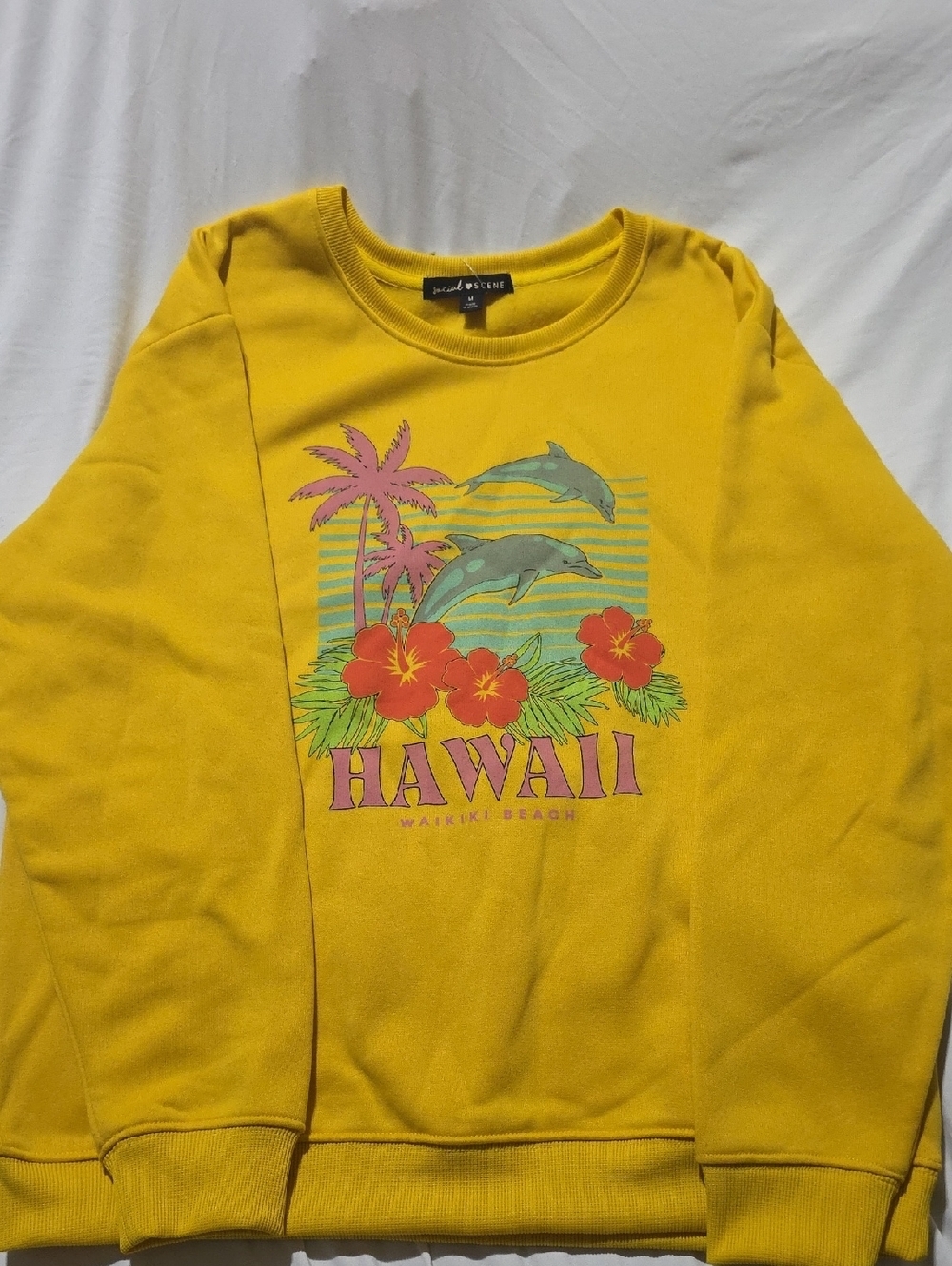 Yellow Hawaii Graphic Sweatshirt Waikiki Beach Dolphin Floral Crewneck Pullover